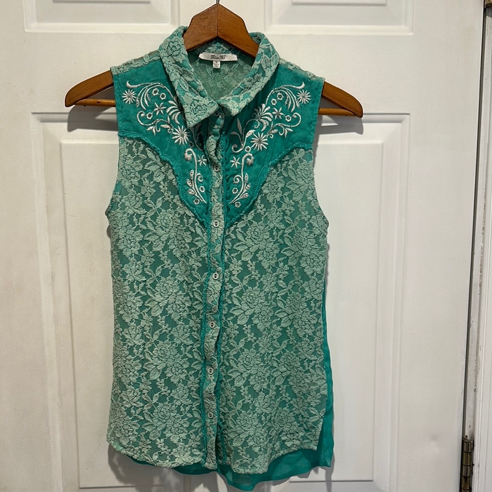 Miss Me Sheer Lace Sleeveless Button Up Top